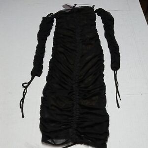 Dolls Kill Poster Grl Swipe Left Black Off Shoulder Ruched Mesh Midi Dress Sz XS